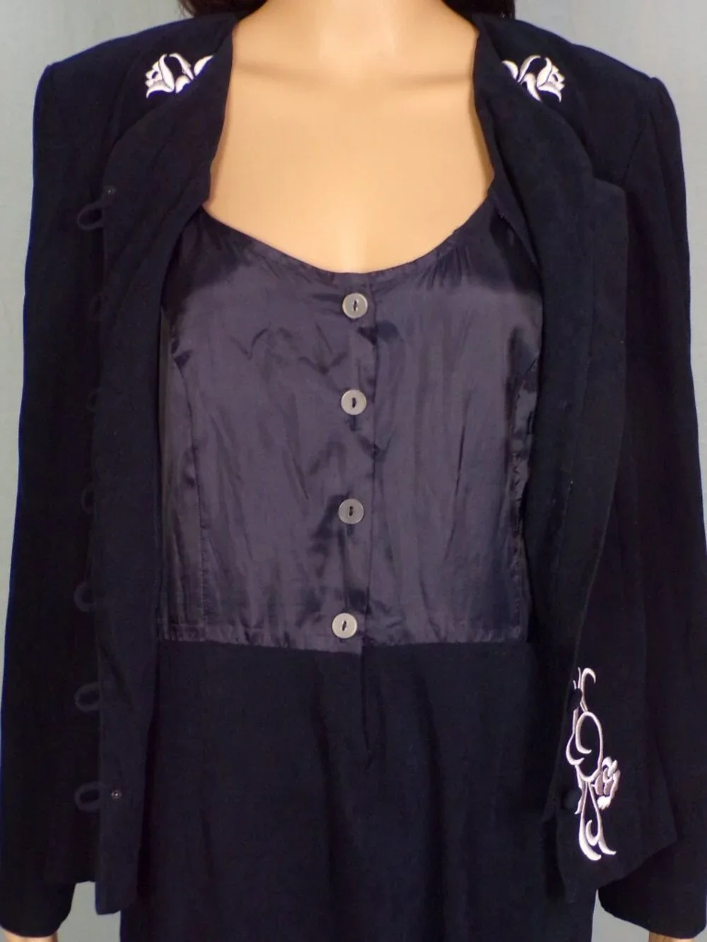 KARIN STEVENS size 10 black/silver dress with attached jacket polyester/spandex